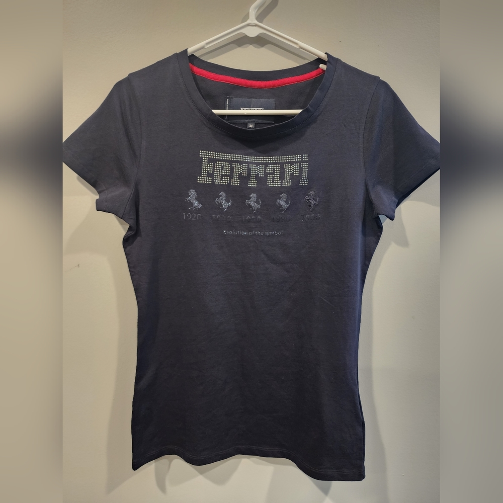 Rare Women's Navy Blue Rhinestone "Evolution Of The Logo" Ferrari T-Shirt: Sz M